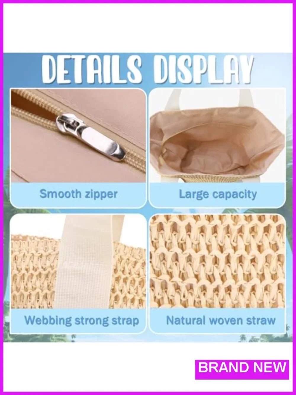 Large Straw Beach Tote Bag with Sun Hat Holder Woven Shoulder Bag Zipper